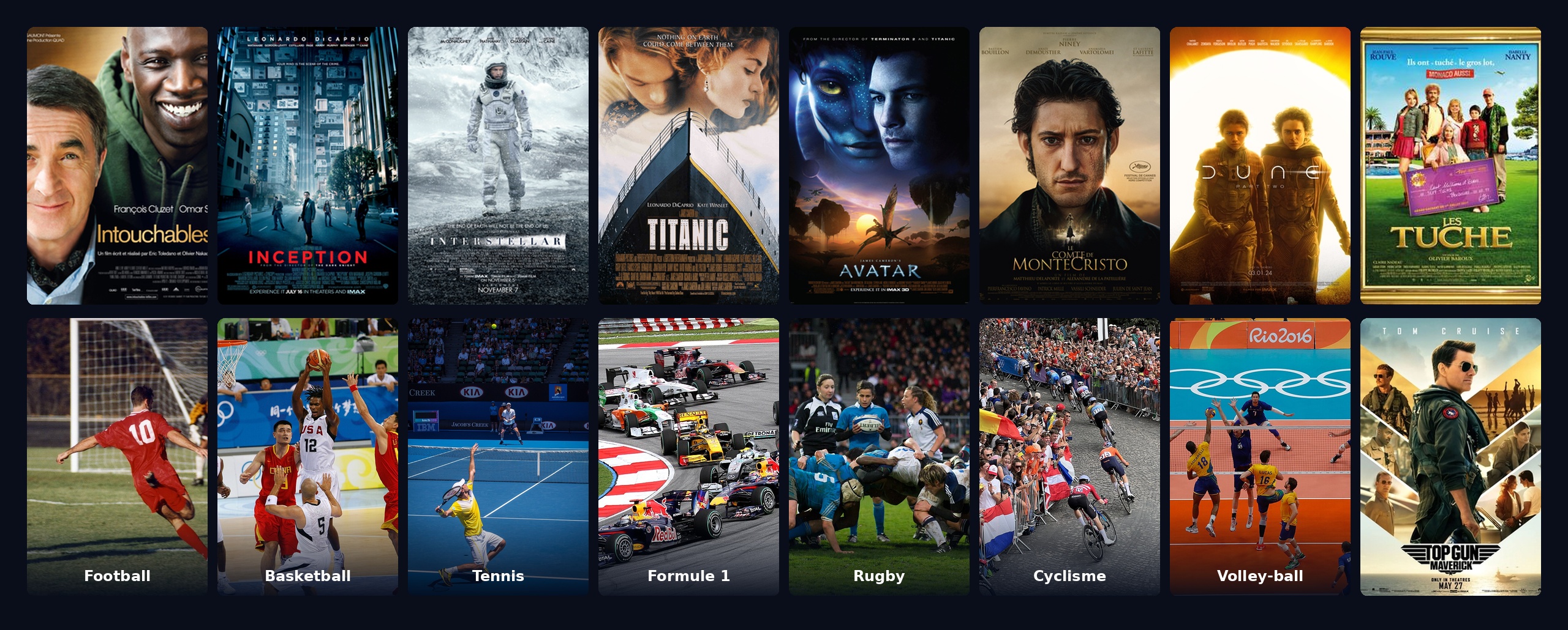 Montage de films et de sports, dont football, basket, tennis, Formule 1, rugby, cyclisme et volley-ball