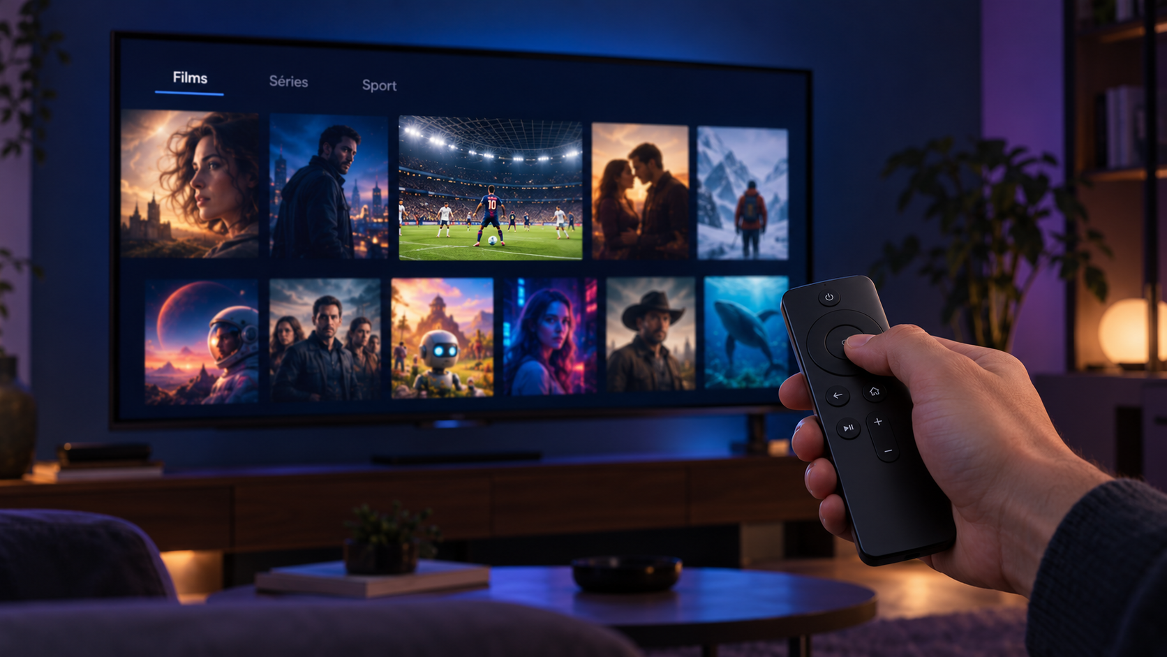 Télécommande devant un téléviseur avec une sélection de films, séries et sport