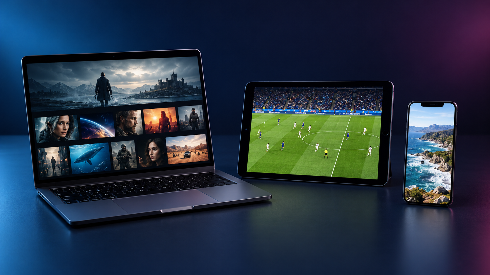 Films et match de football affichés sur un ordinateur, une tablette et un téléphone