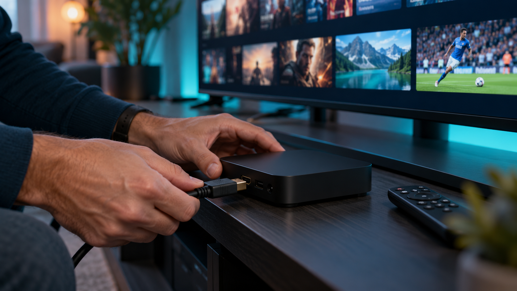 Boitier TV connecte devant un ecran