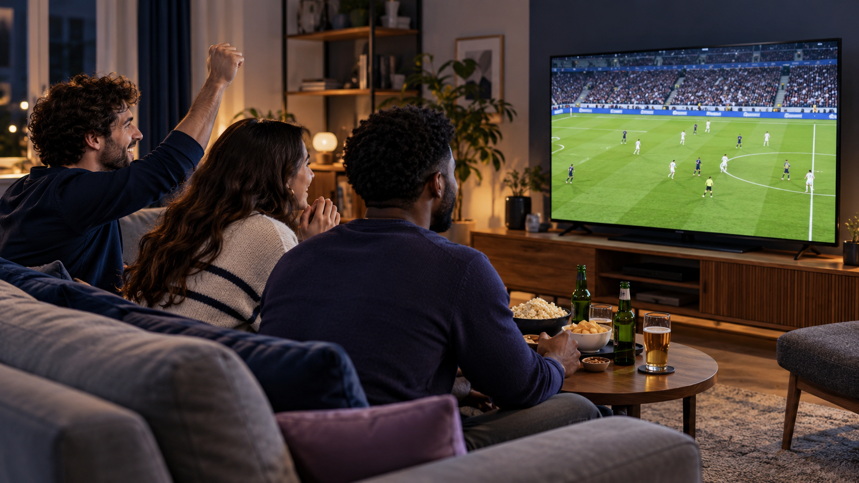 Trois amis regardent un match de football à la télévision